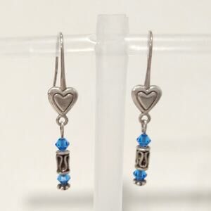 Vtg 925 Sterling Silver Hearts Dangle Drop Earrings Royal Blue Crystal Signed
